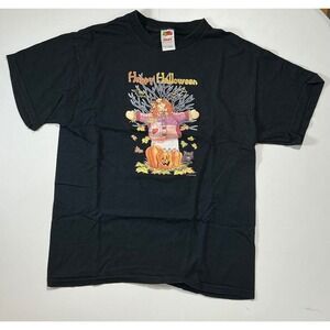 VTG Y2K Halloween Black Cat Jack O Lantern Scarecrow Pumpkin Fall T-Shirt Sz L